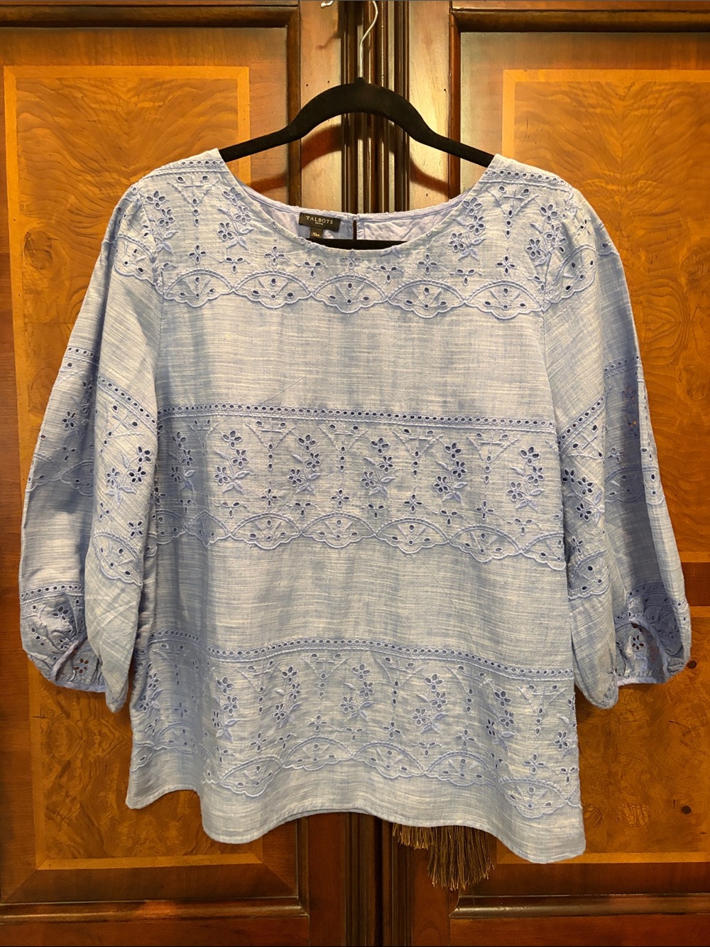 Talbots Powder Blue Eyelet Embroidered Peasant Top